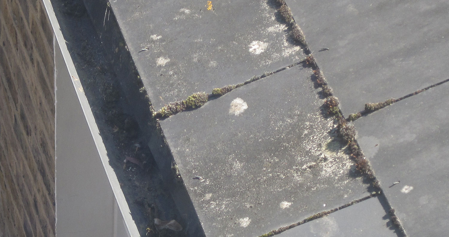 Close-up view showing weathering, edge deterioration, cracking or brittleness to the asbestos-cement slates.